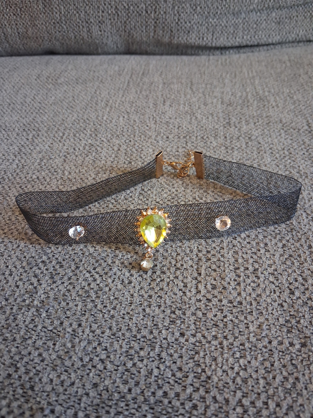 Black Mesh Choker Necklace with Yellow Teardrop Gem